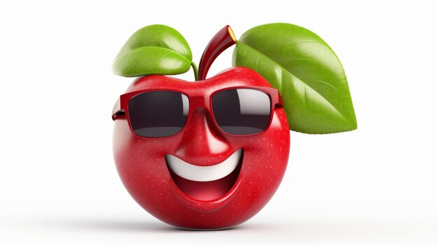 Manzana alegre y feliz con gafas Sonriendo fruta antropomórfica con gafas de sol