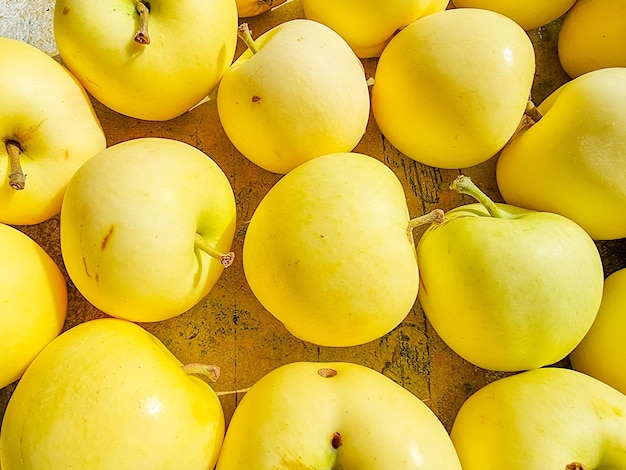 Manzana amarilla Fondos de frutas crudas perspectiva aérea productos frescos orgánicos saludables Fondo de alimentos saludables de entrega Comida vegetariana vegana Supermercado de compras de alimentos