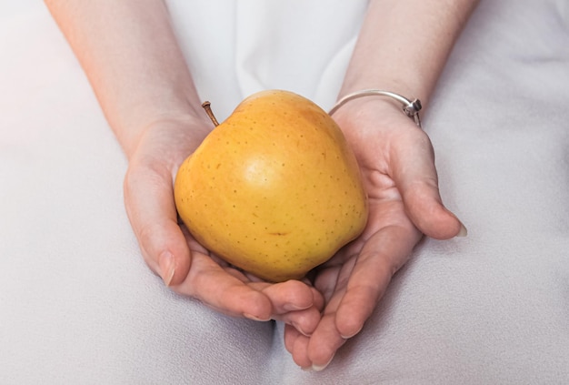 Manzana amarilla madura en tiernas manos femeninas