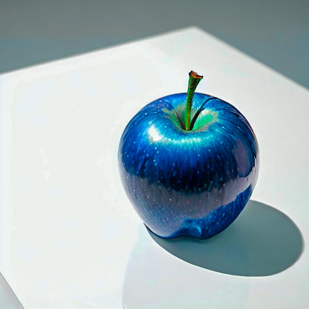 Manzana azul sobre fondo blanco.