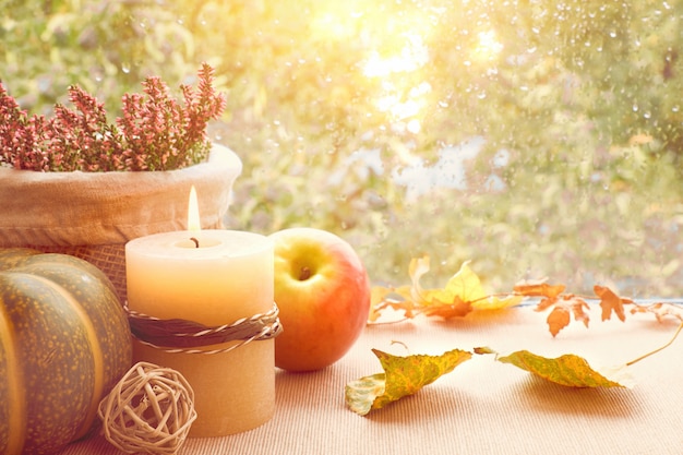 Manzana, calabaza, brezo y hojas de otoño en un tablero de la ventana