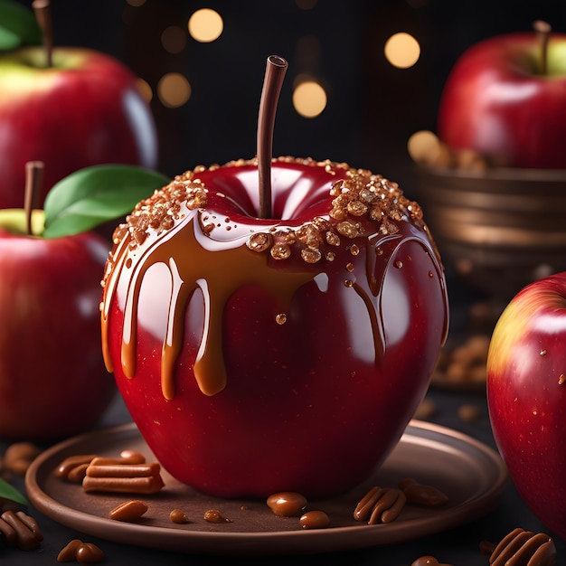 Foto manzana caramelizada en un palo dulces de halloween desierto