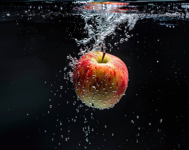 Una manzana cayendo en el agua con fondo negro