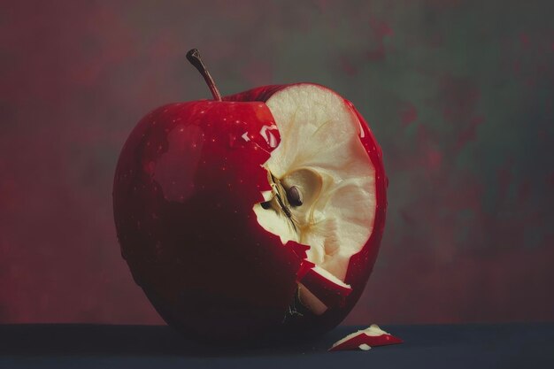 Una manzana con un color rojo y una mordida crujiente y una superposición profesional en el tallo