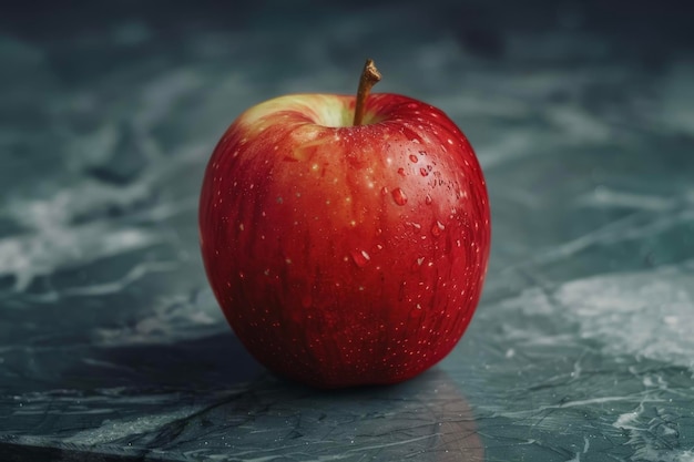 Una manzana con un color rojo y una mordida crujiente y una superposición profesional en el tallo