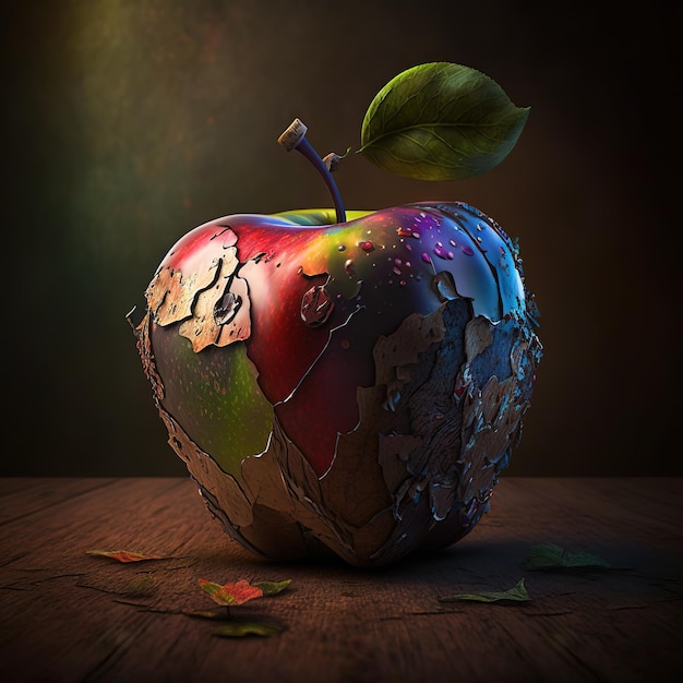 Una manzana colorida con una hoja está sentada en una mesa.