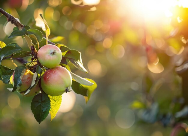 manzana crece en un árbol en el jardín de la cosecha en el sol eterno llamarada con el día lluvioso copia espacio de fondo AI generado