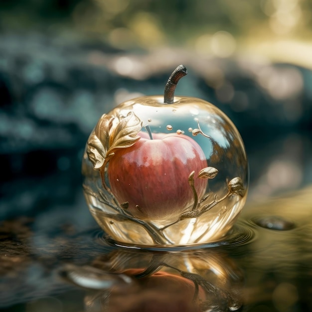 Una manzana de cristal mágica en la superficie del agua