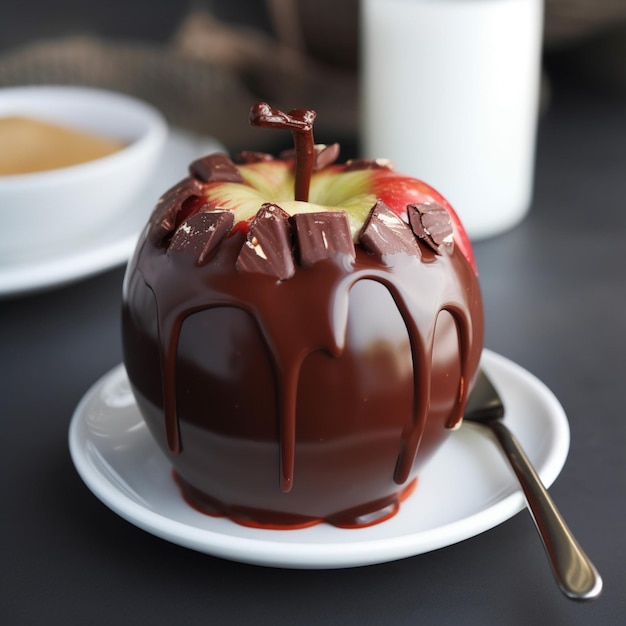 Una manzana cubierta de chocolate se sienta en un plato con una cuchara al lado.