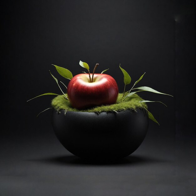 Foto una manzana decorada con la hierba en un cuenco negro