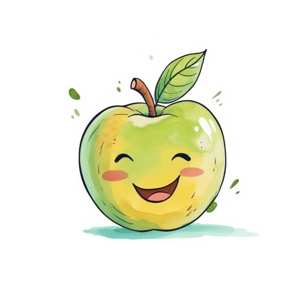 manzana de dibujos animados con una cara feliz y una hoja en su cabeza generativa ai