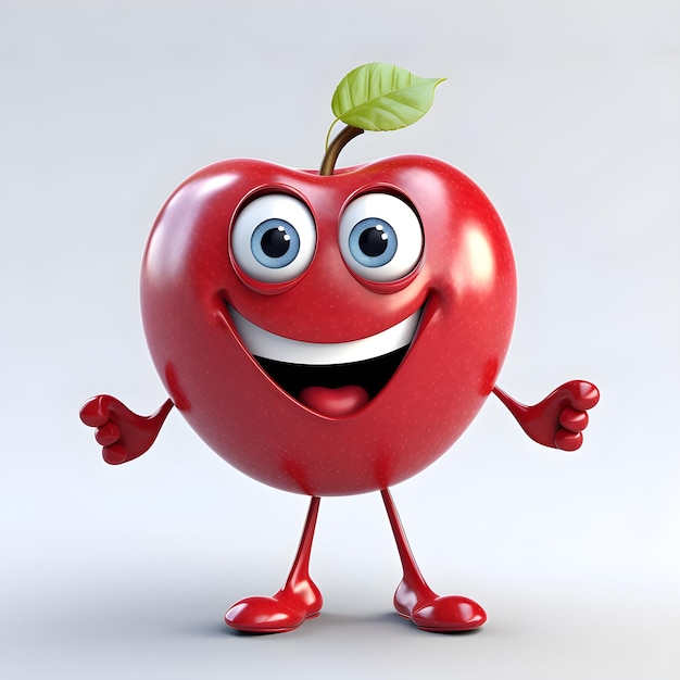 Una manzana de dibujos animados con una cara feliz y una hoja verde en la boca.
