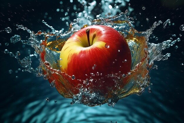 Foto manzana dulce en salpicaduras de agua