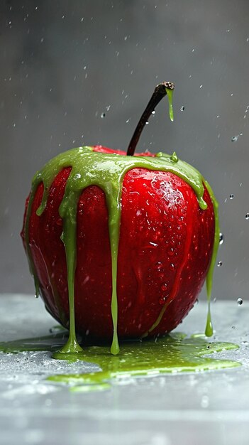 Foto una manzana envenenada roja goteando con caramelo verde neón grueso sobre un fondo blanco