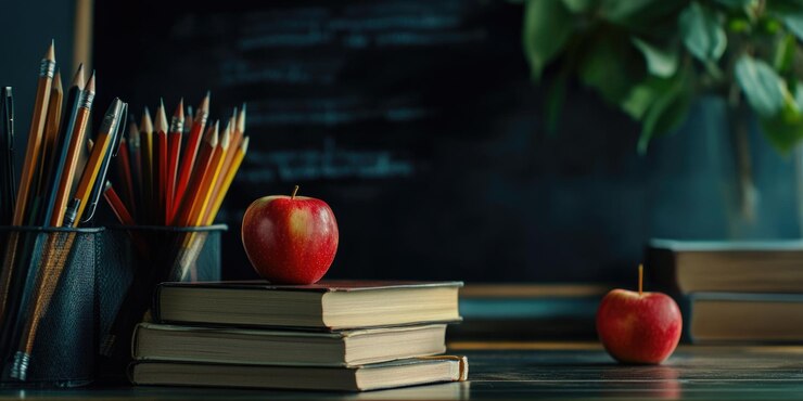 Manzana en un escritorio con libros