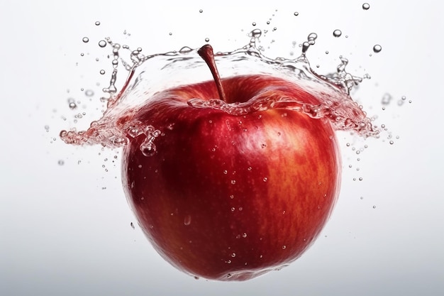 Una manzana está en el agua con un chorrito de agua.