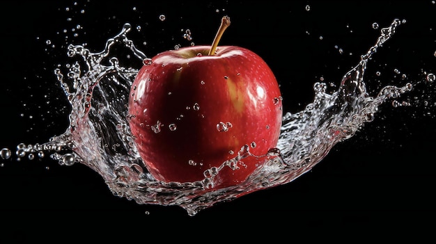una manzana está salpicando en el agua sobre un fondo negro