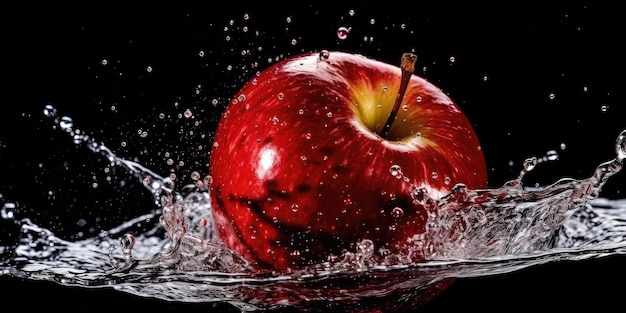 una manzana está siendo salpicada con agua