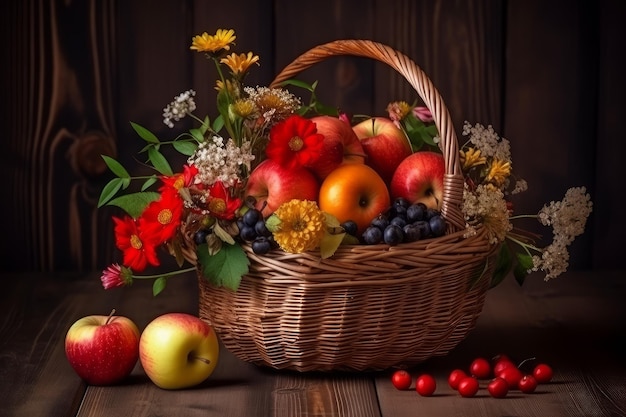 Manzana con flores en cesta Generar Ai