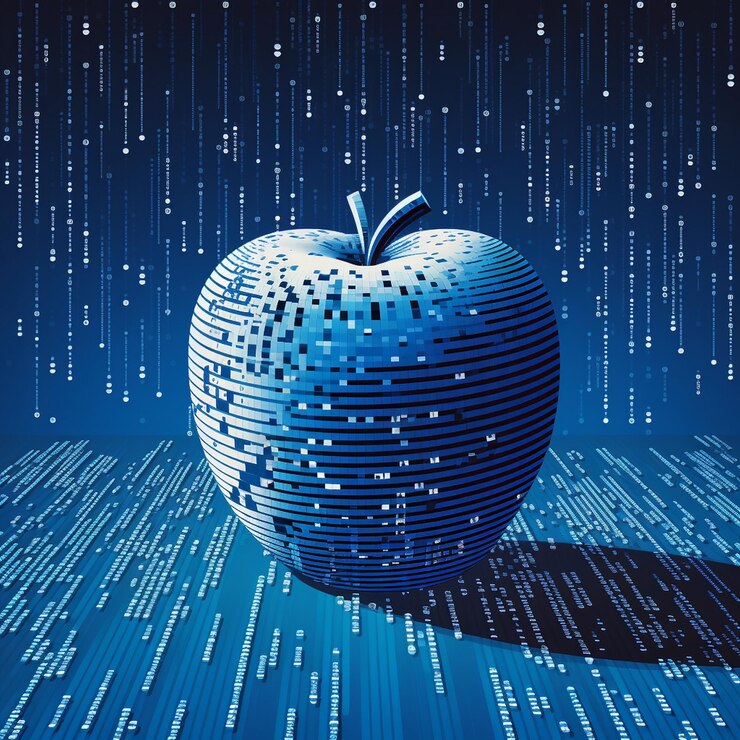 Foto una manzana con un fondo azul con un espacio en el medio.