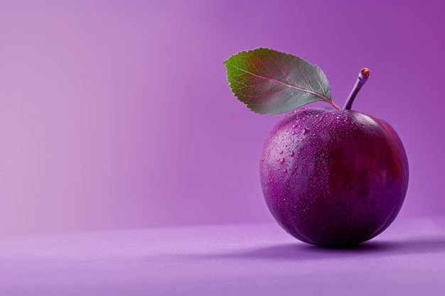 Manzana fresca con hoja sobre un fondo púrpura