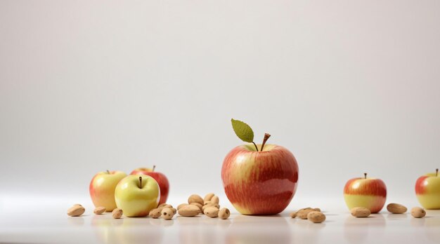 Manzana fresca con hojas verdes aislado en fondo blanco.