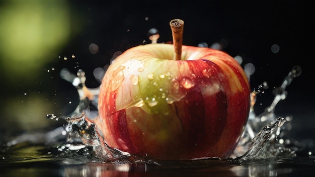 Foto una manzana con gotas de agua en ella y salpicaduras de agua a su alrededor
