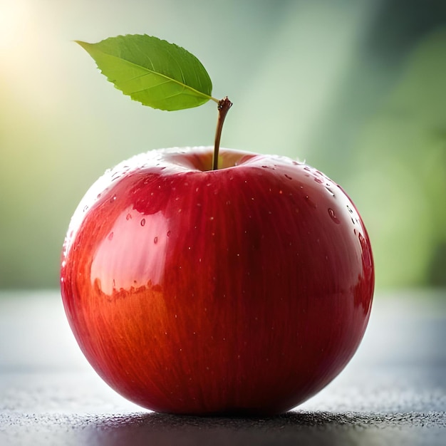 Una manzana con gotas de agua y un fondo verde