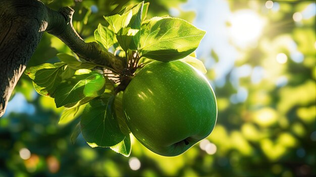 Una manzana Granny Smith madura cuelga de una rama