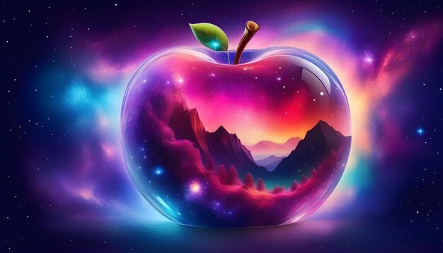 Una manzana hecha de cristal con una galaxia y estrellas en su interior