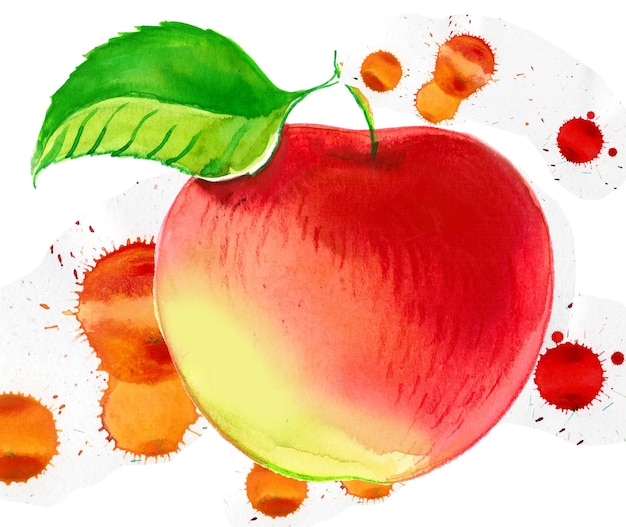 Una manzana con una hoja y una manzana roja.