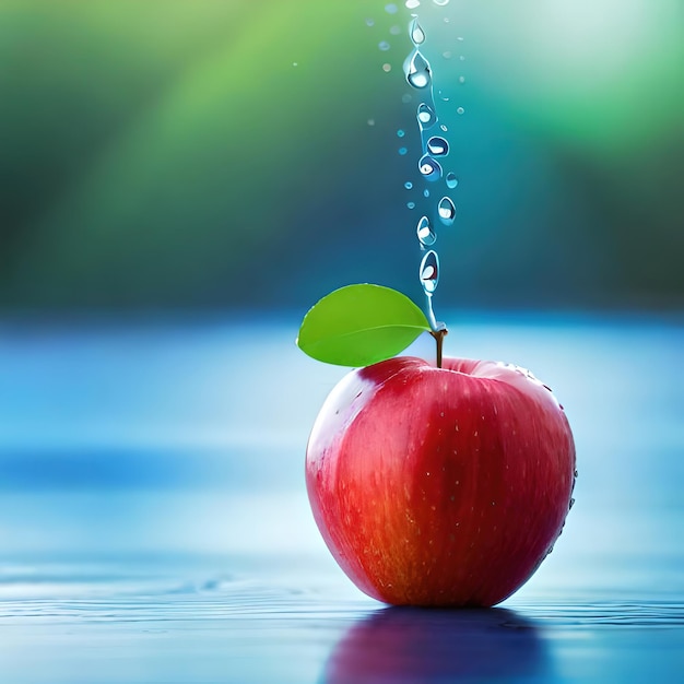 Una manzana con una hoja que se deja caer en el agua.