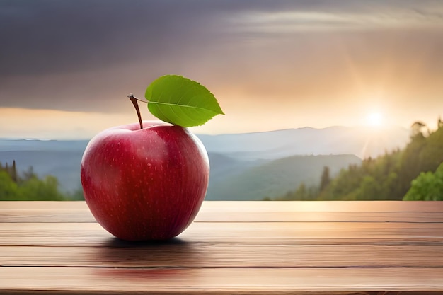 Una manzana con una hoja sobre una mesa de madera.