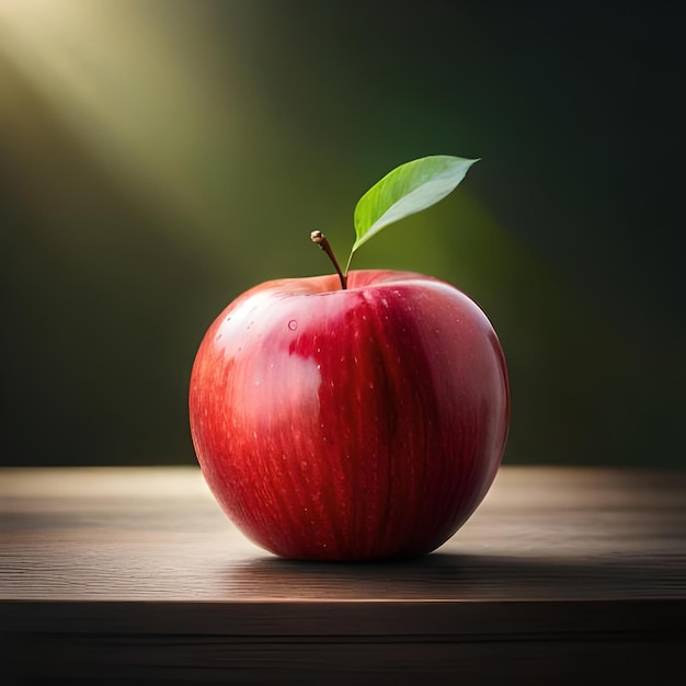 Una manzana con una hoja verde en su tallo en una mesa de madera