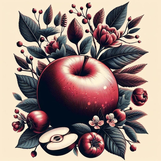 una manzana con una imagen de bayas y bayas
