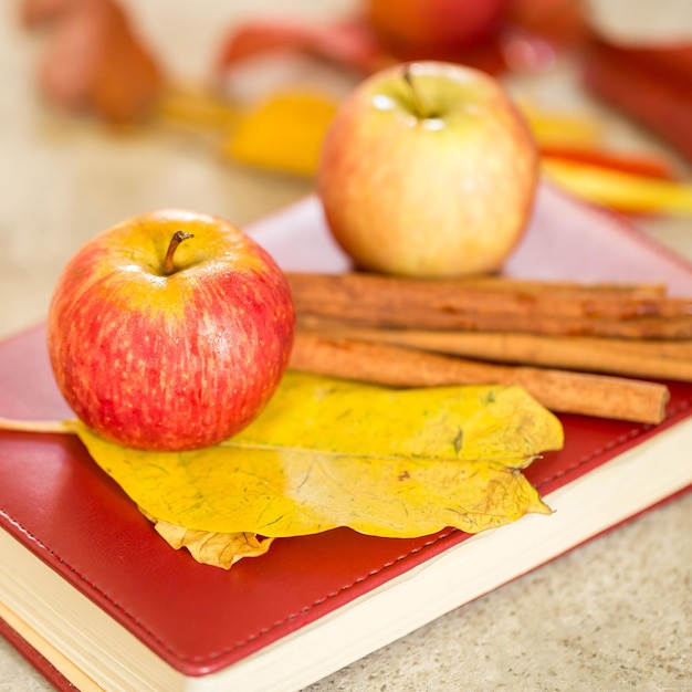 Manzana con libro y hojas secas.