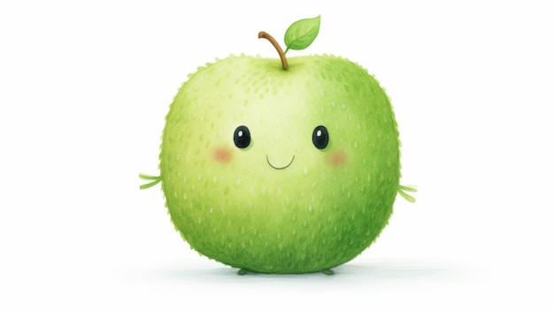 Manzana linda Fruta feliz sobre fondo blanco con una sonrisa en el estilo de la ilustración infantil