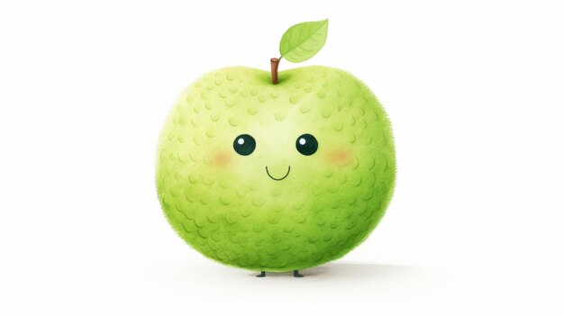 Manzana linda Fruta feliz sobre fondo blanco con una sonrisa en el estilo de la ilustración infantil