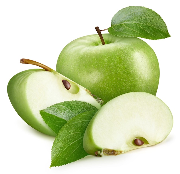 Manzana madura verde con camino de recorte de hojas. Manzana fresca orgánica aislada en blanco.