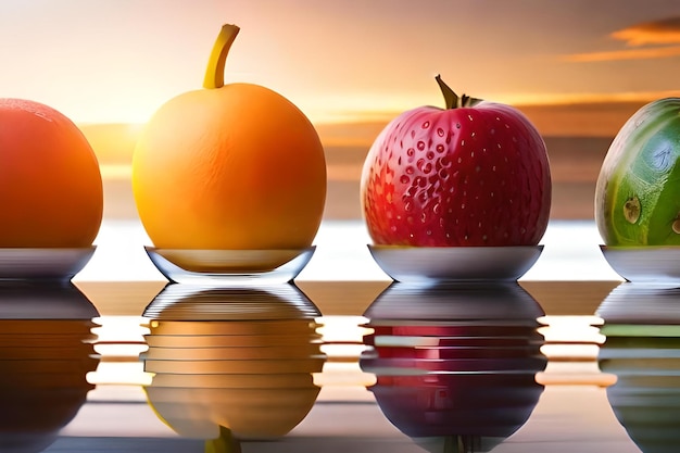 Foto una manzana y una manzana se reflejan en un recipiente de vidrio.