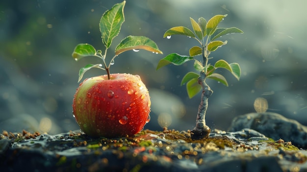 Manzana a medias junto a un árbol floreciente que ilustra los ciclos de la vida