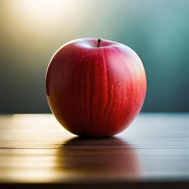 Una manzana en una mesa con un fondo borroso