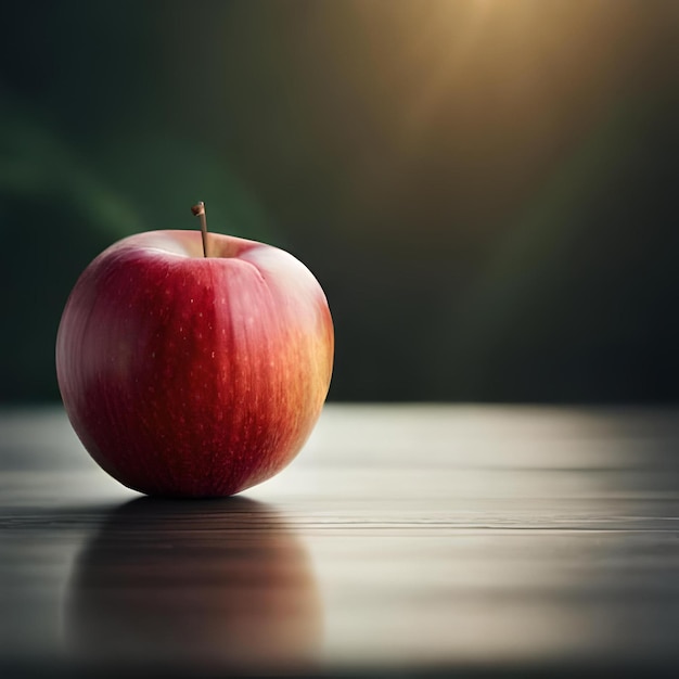 Una manzana en una mesa con el sol detrás de ella