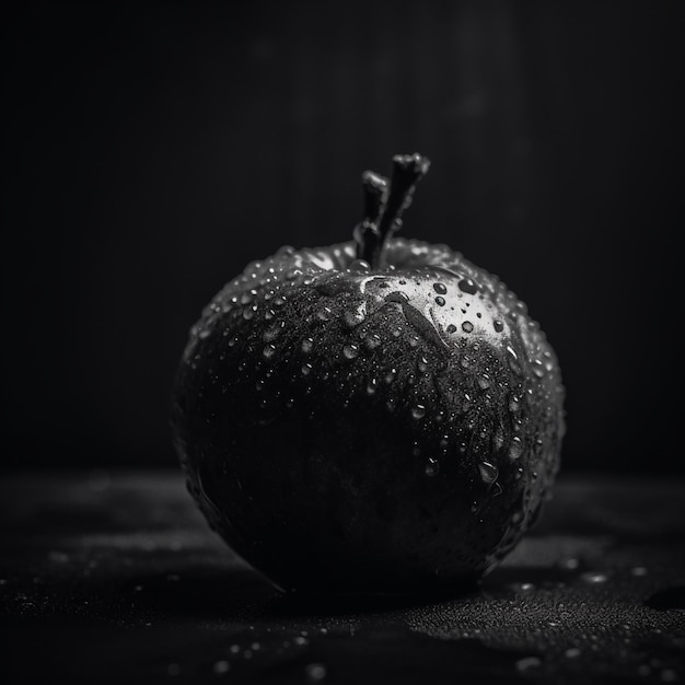 Una manzana negra con gotas de agua