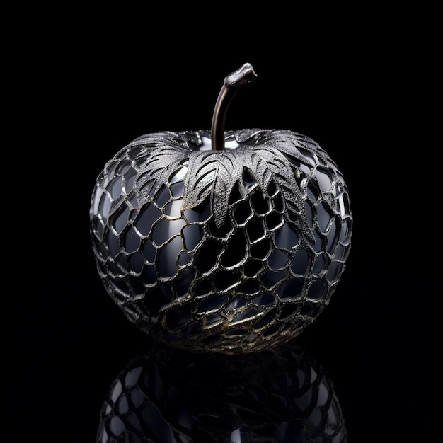 una manzana negra con una pieza de metal plateado que tiene un tallo de oro.