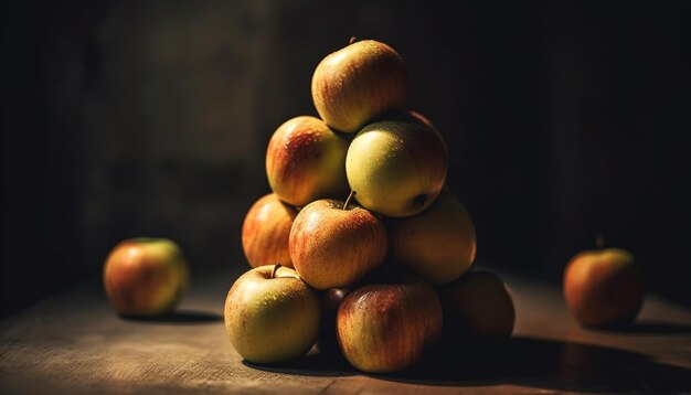 Manzana orgánica jugosa en una mesa de madera rústica frescura de otoño de cerca generada por inteligencia artificial