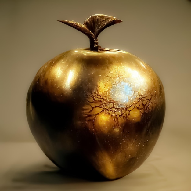 Una manzana de oro con un tallo y hojas en ella