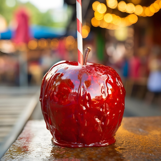 una manzana con una paja a rayas se sienta en una mesa