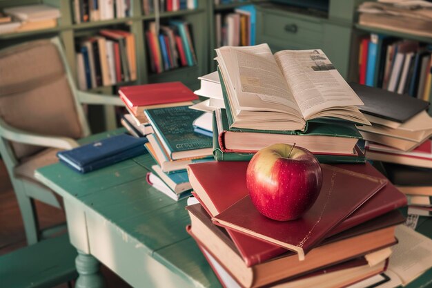 Manzana en la pila de libros en el estudio de la mesa de madera verde