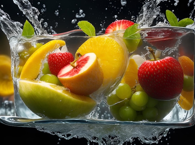 Manzana, plátano, uvas, fresas, kiwi y naranjas que se hunden en el agua.